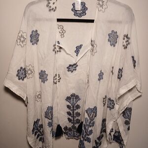 J. Jill White 100% Cotton Kimono with Blue Embroidery